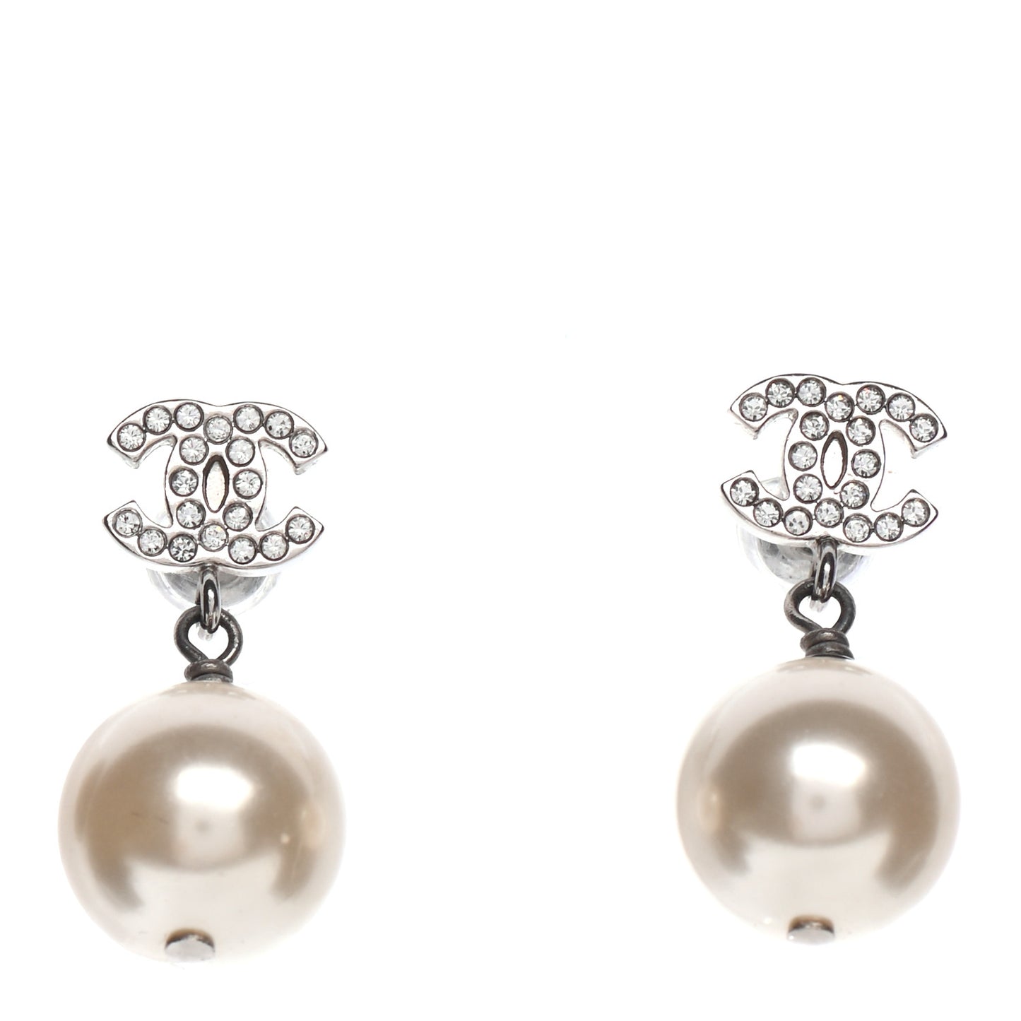 Crystal Pearl CC Drop Earrings Silver