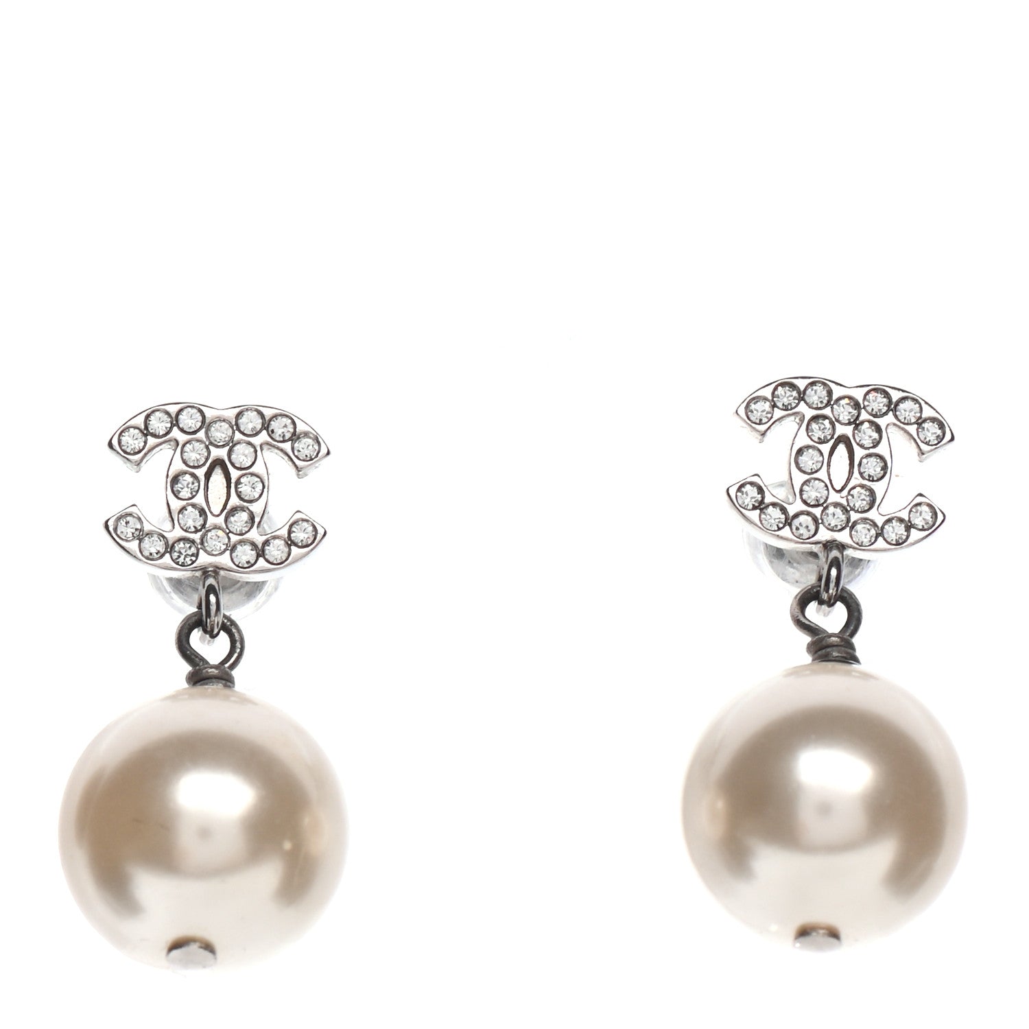 Chanel Crystal Pearl CC Drop Earrings Silver 1 of 4