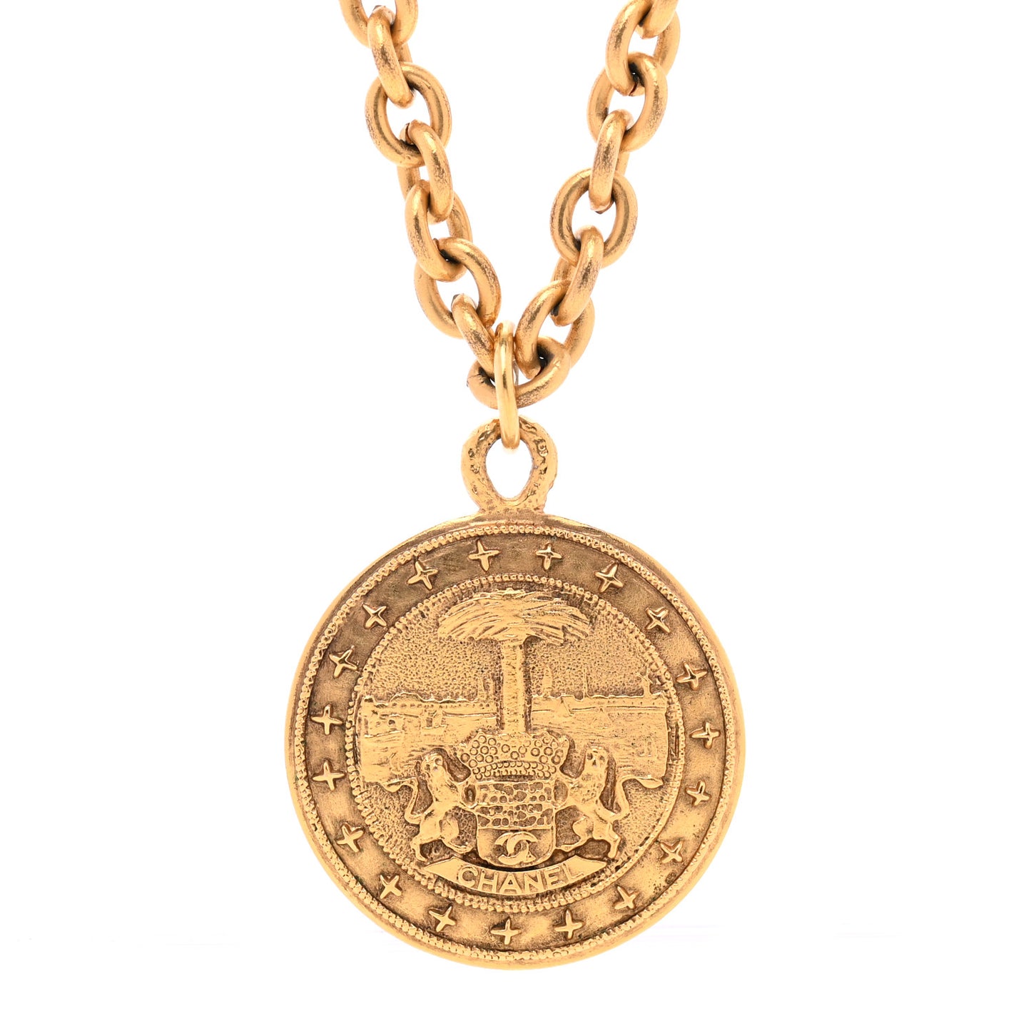 Metal Medallion CC Chain Necklace Gold