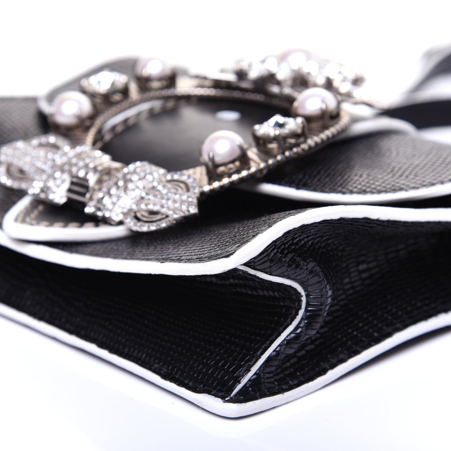 Embossed Lizard Calfskin Crystal Embellished Saint Lucertola Shoulder Bag Black