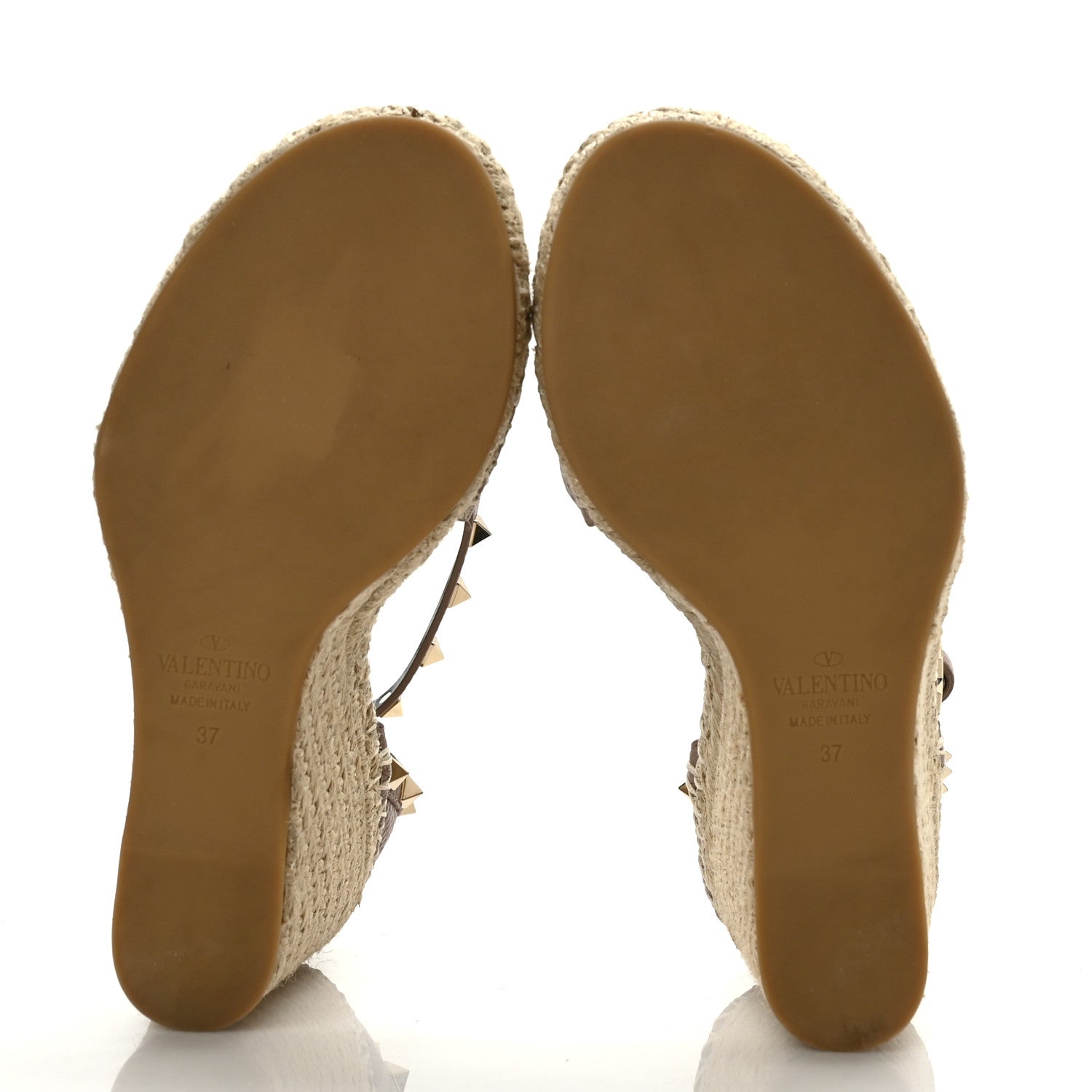 Valentino Garavani Grained Calfskin Rockstud Ankle Strap Espadrille 15/105mm Wedge Sandals 37 Poudre Natural 5 of 8