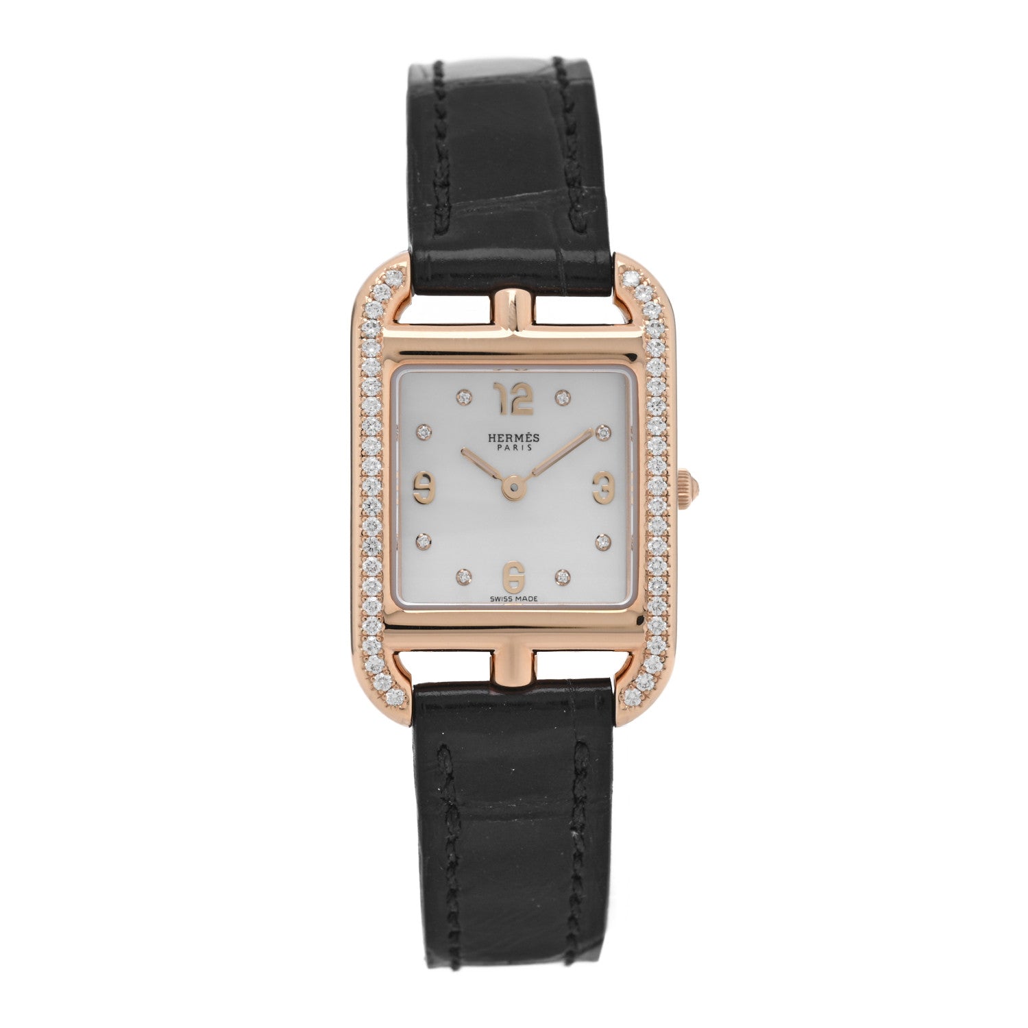 Hermes 18K Rose Gold Alligator Diamond Bezel Mother of Pearl 23mm Cape Cod Quartz Watch Noir 1 of 5