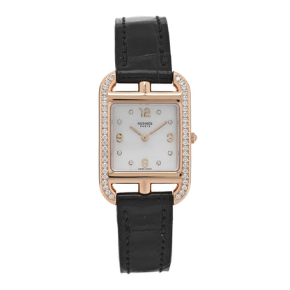 Hermes 18K Rose Gold Alligator Diamond Bezel Mother of Pearl 23mm Cape Cod Quartz Watch Noir 1 of 5