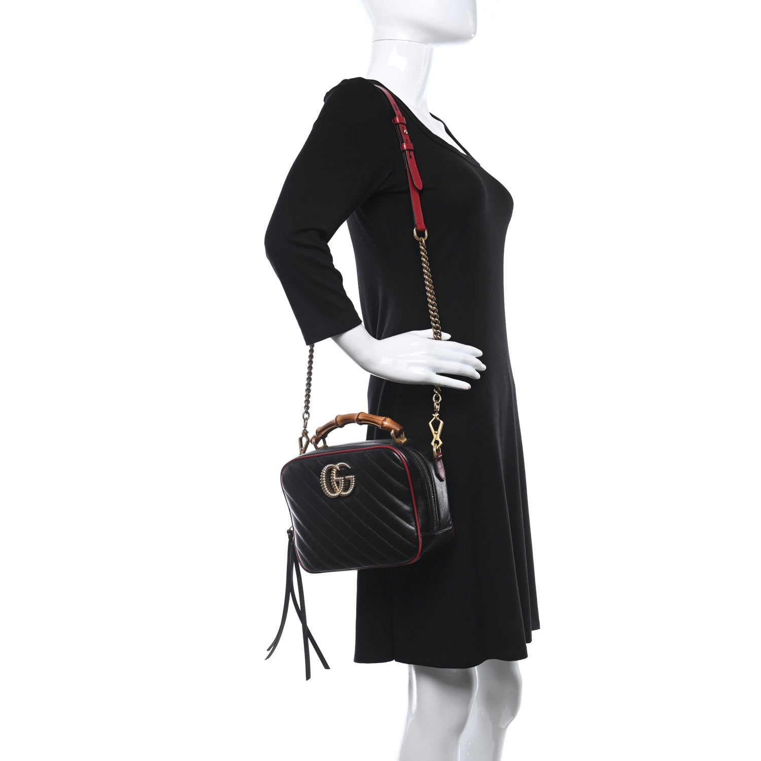 Gucci Vintage Effect Calfskin Matelasse Diagonal Small Torchon GG Marmont Bamboo Top Handle Shoulder Bag Black Romantic Cherry 2 of 11