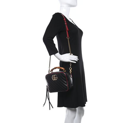 Gucci Vintage Effect Calfskin Matelasse Diagonal Small Torchon GG Marmont Bamboo Top Handle Shoulder Bag Black Romantic Cherry 2 of 11