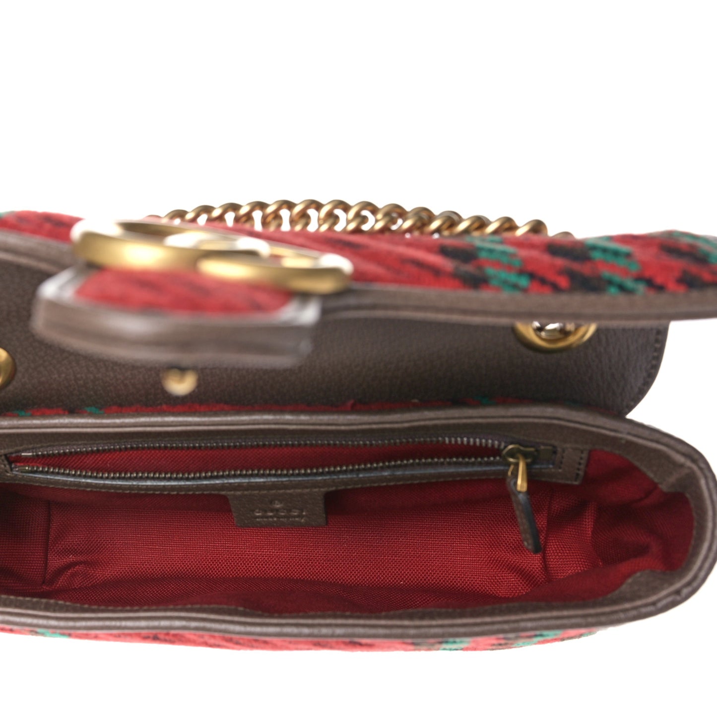 Wool Tweed Textured Dollar Calfskin Matelasse Diagonal Plaid Small GG Marmont Shoulder Bag Red Green Multicolor New Acero