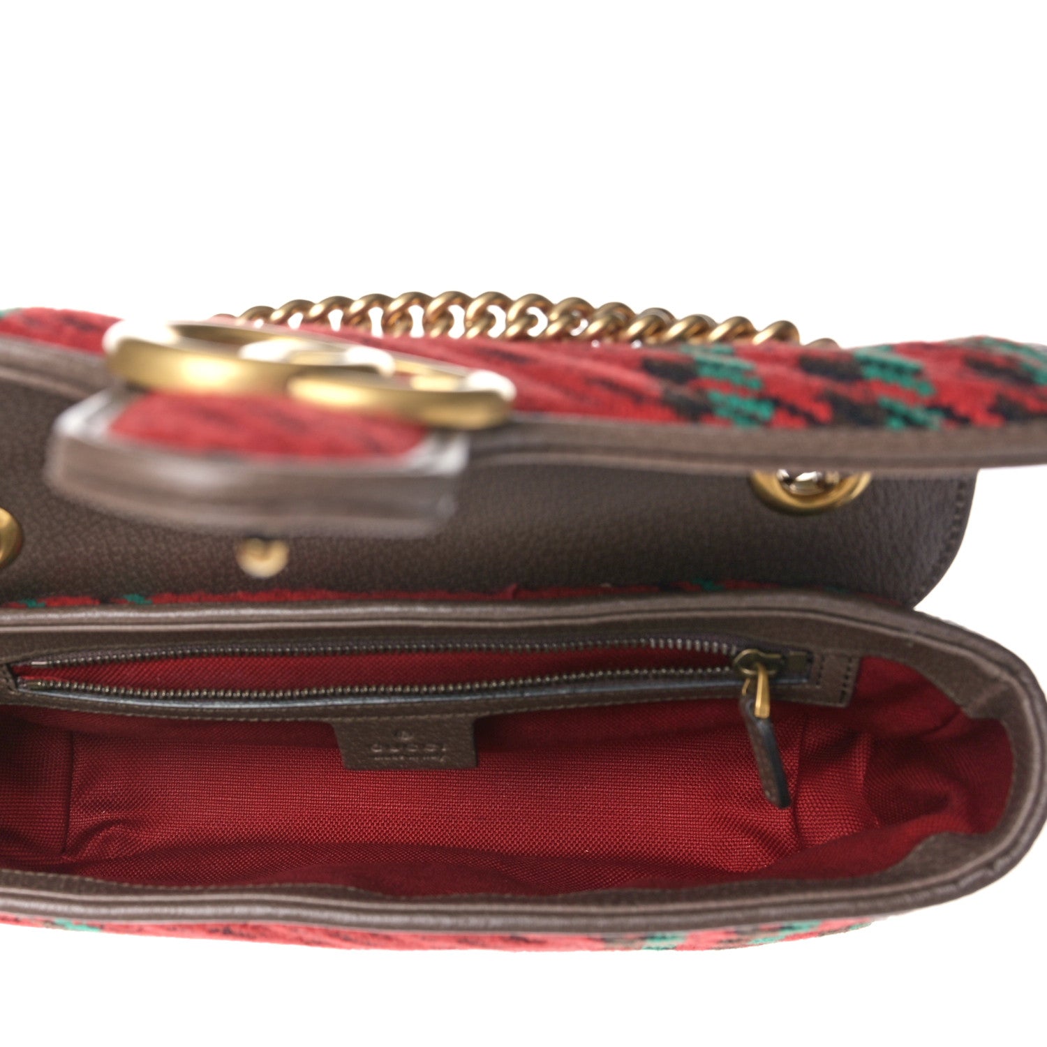 Gucci Wool Tweed Textured Dollar Calfskin Matelasse Diagonal Plaid Small GG Marmont Shoulder Bag Red Green Multicolor New Acero 4 of 8