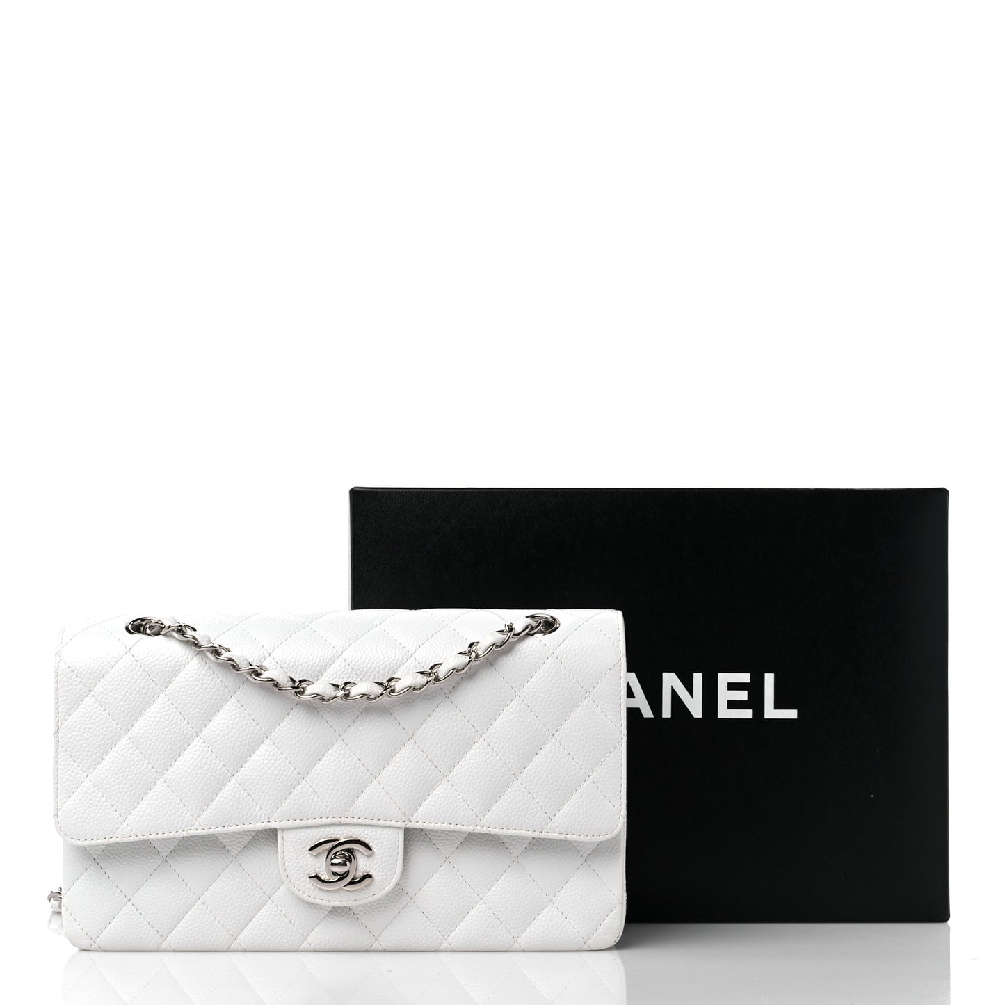 Caviar Quilted Medium Double Flap White