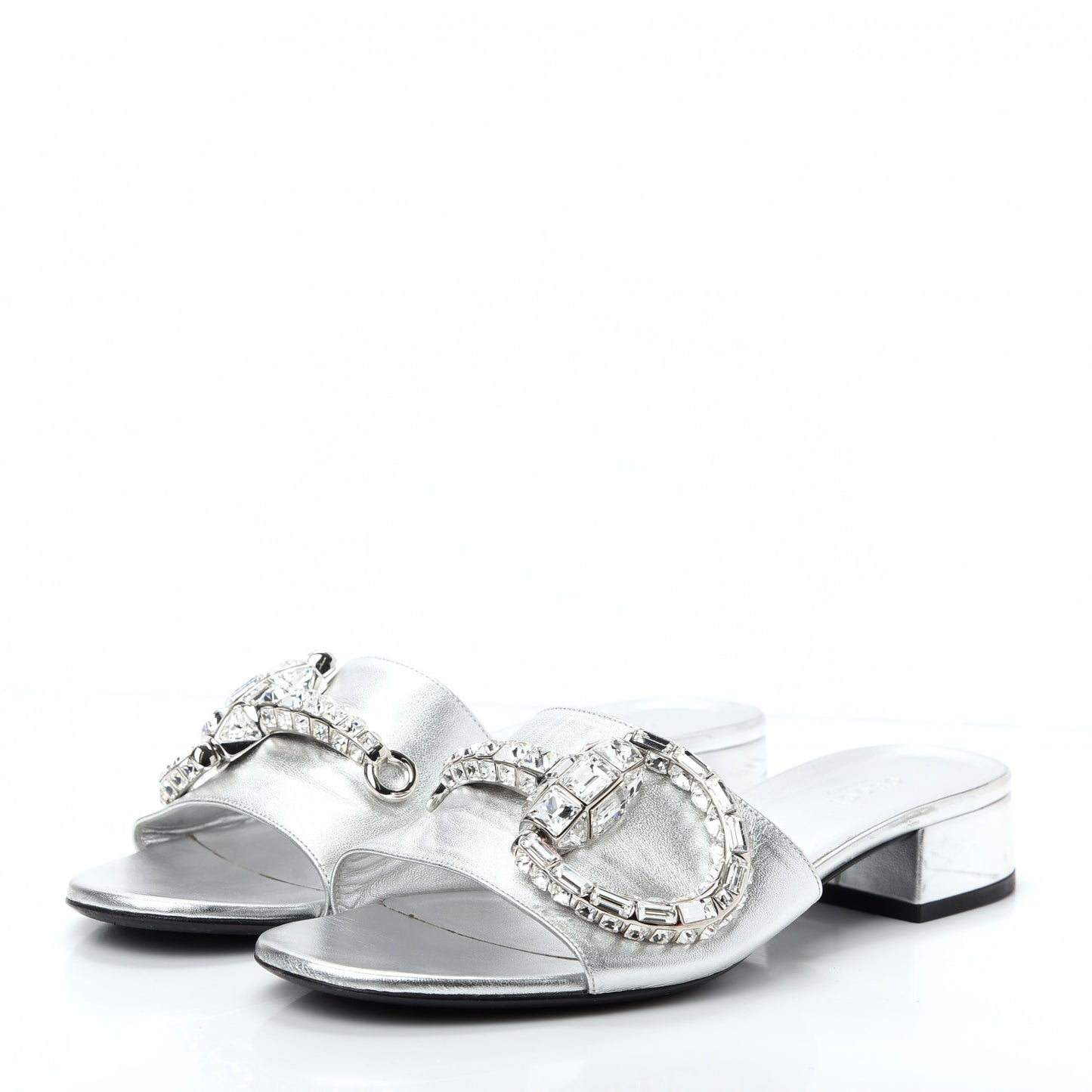 Metallic Nappa Crystal Maxine Horsebit Slide Sandals 38.5 Silver