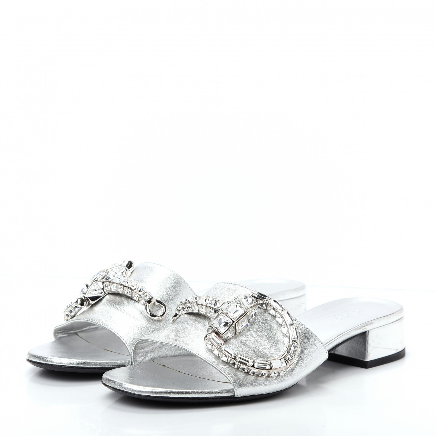 Gucci Metallic Nappa Crystal Maxine Horsebit Slide Sandals 38.5 Silver 3 of 10