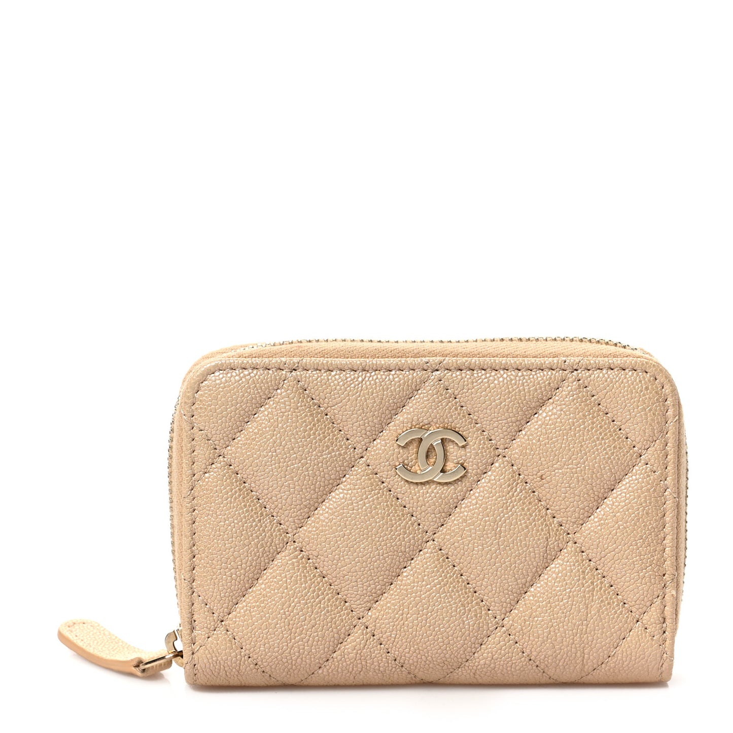 Iridescent Caviar Quilted Zip Around Coin Purse Beige