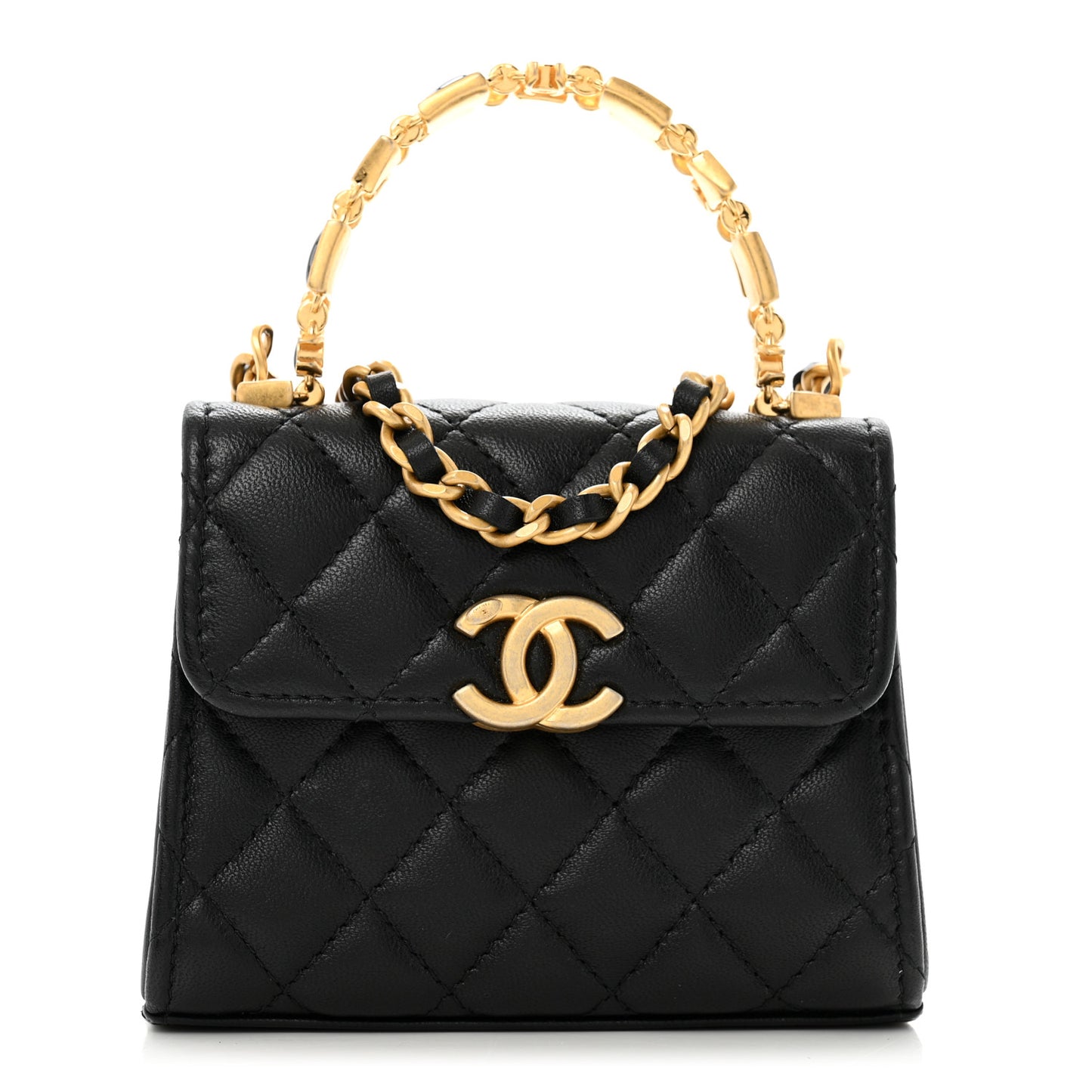 Lambskin Enamel Quilted Mini Top Handle Flap Black