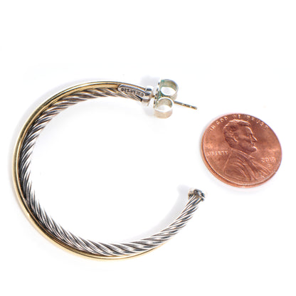 David Yurman 18k Gold Sterling Silver Extra Large Crossover Cable Hoop Earrings 2 of 5