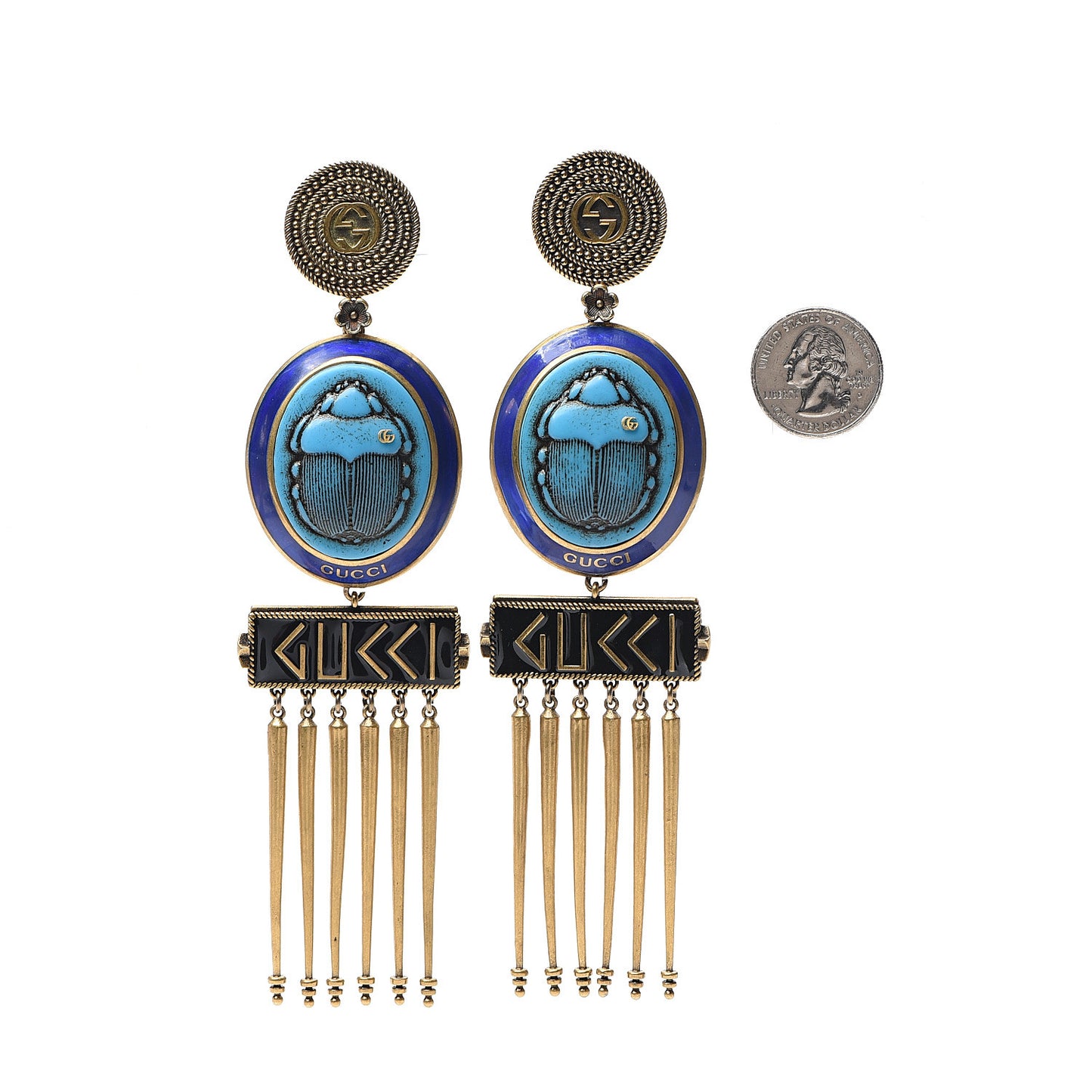 Metal GG Scarab Tassel Drop Clip Earrings