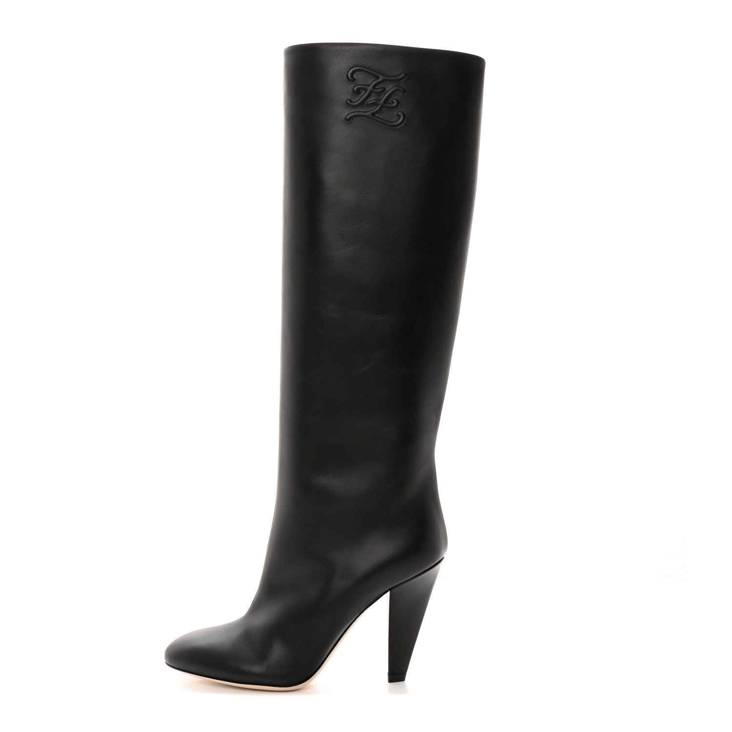 Fendi Vitello Karligraphy Embossed Knee High Boots 37 Black 1 of 10