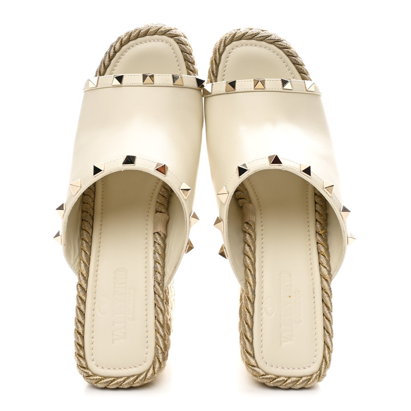 Calfskin Silk Rockstud Torchon Espadrille Wedge 25/115mm Slide Sandals 39 Light Ivory