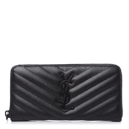 Saint Laurent Grain De Poudre Matelasse Chevron Monogram Zip Around Wallet Black 1 of 8