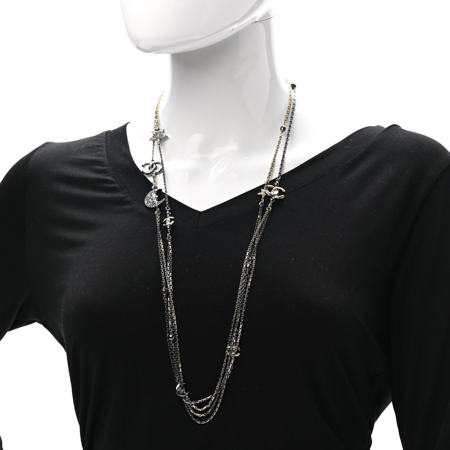 Glass Pearl Strass CC Long Necklace Gold Silver