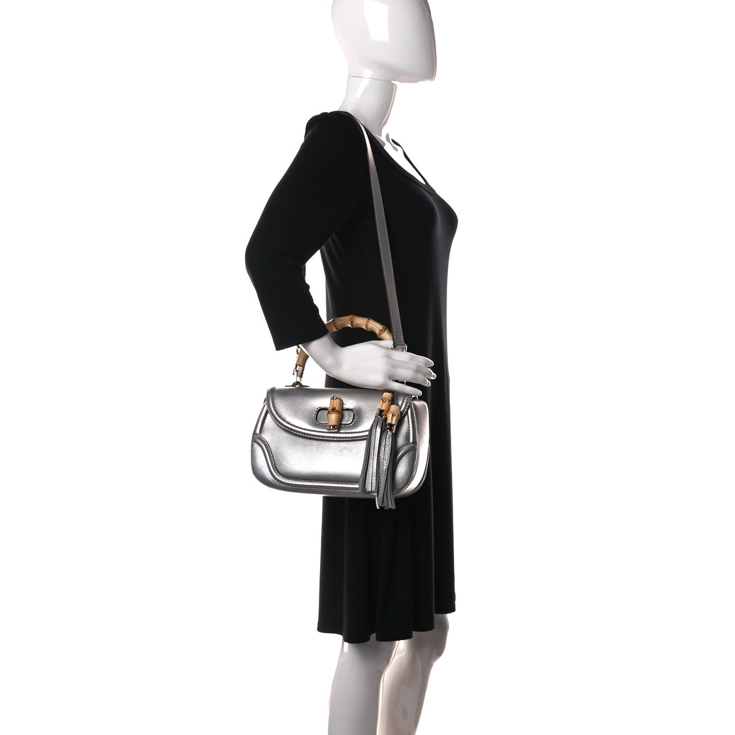 Metallic Calfskin Medium New Bamboo Top Handle Bag Silver
