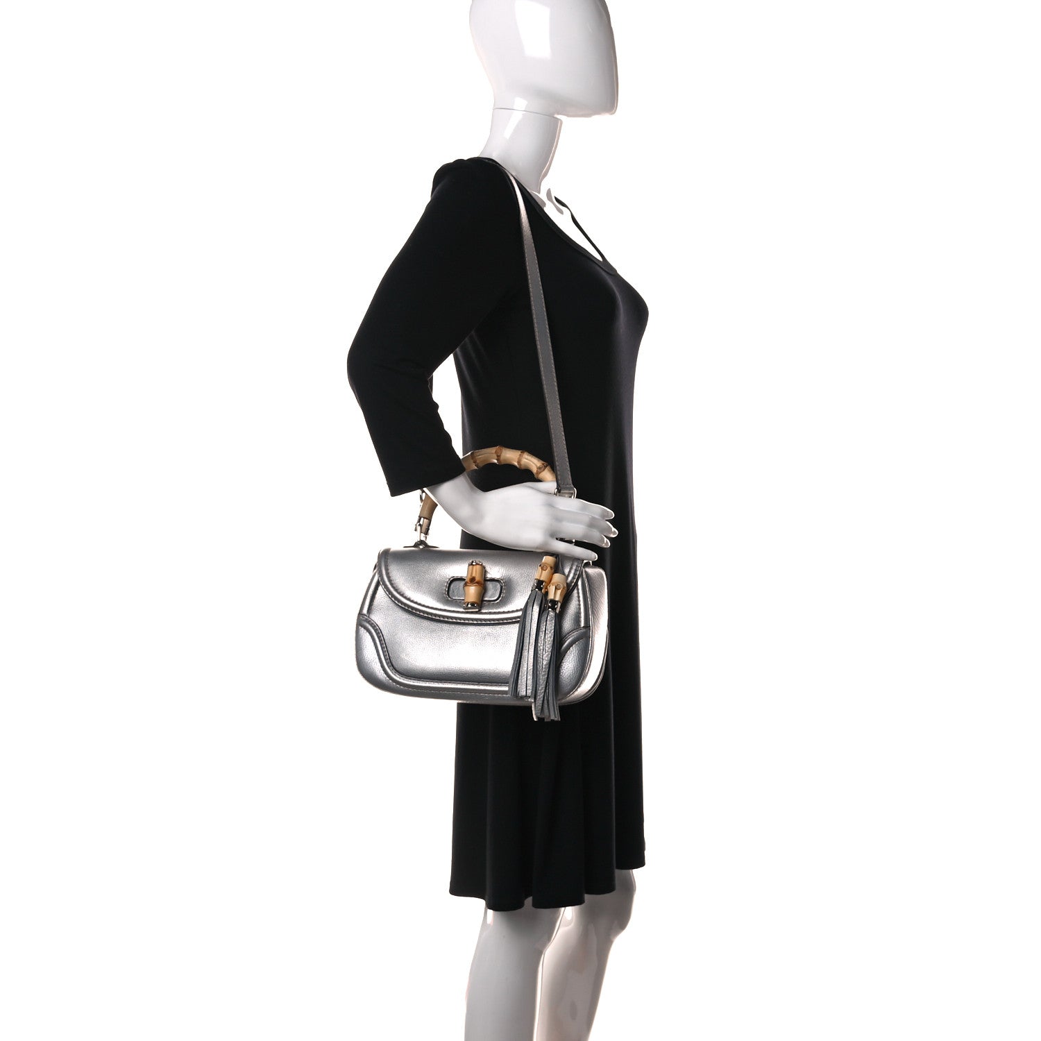 Gucci Metallic Calfskin Medium New Bamboo Top Handle Bag Silver 2 of 17