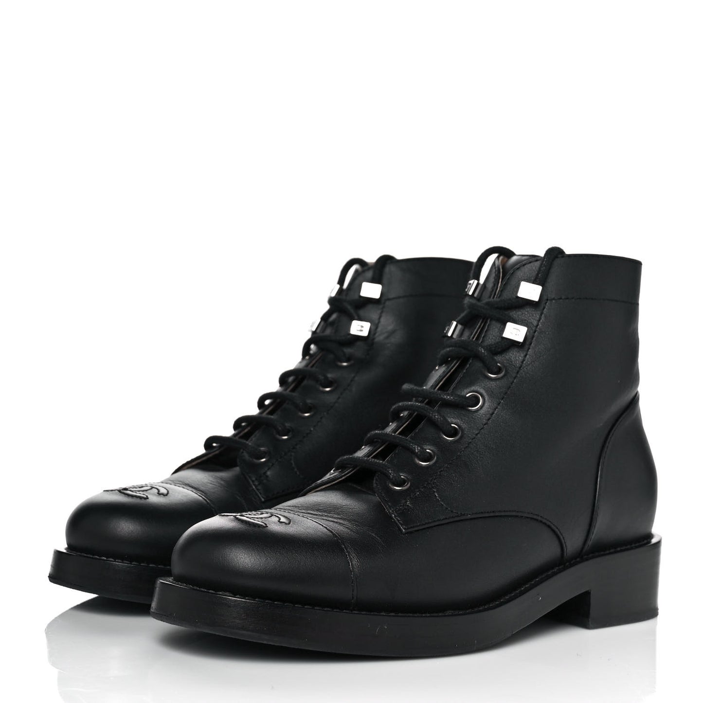 Calfskin Lace Up CC Short Boots 37 Black