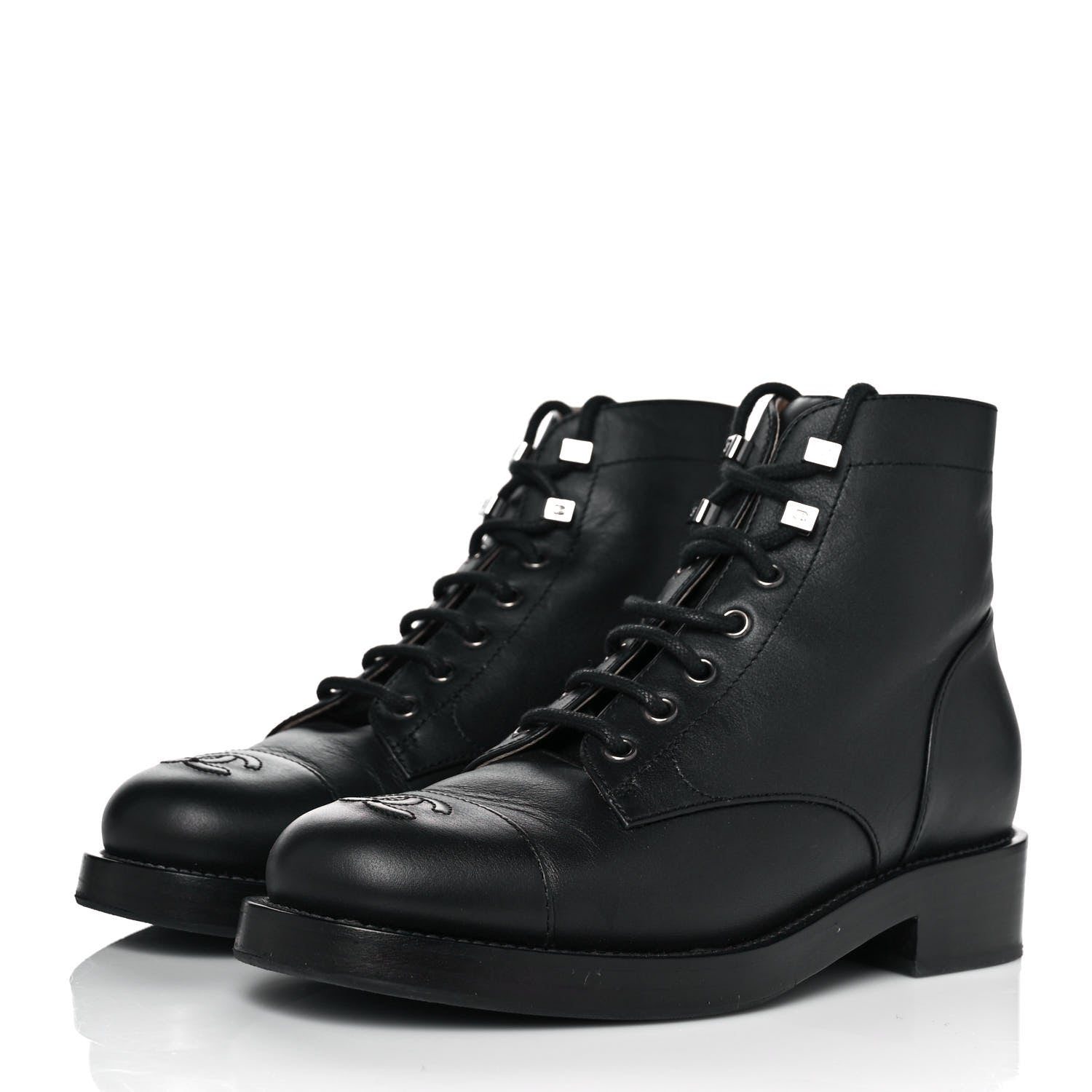 Chanel Calfskin Lace Up CC Short Boots 37 Black 3 of 9