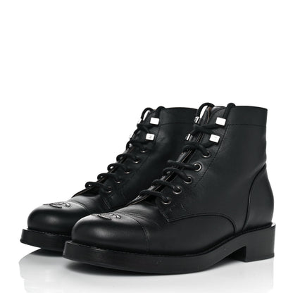 Chanel Calfskin Lace Up CC Short Boots 37 Black 3 of 9