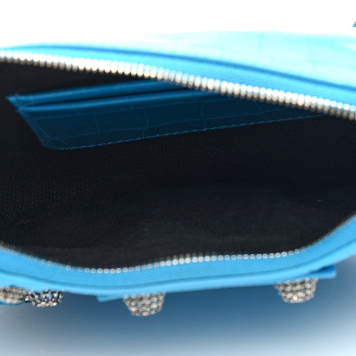 Balenciaga Extra Supple Calfskin Crocodile Embossed Crystal Mini Le Cagole Purse With Chain Cyan 4 of 7