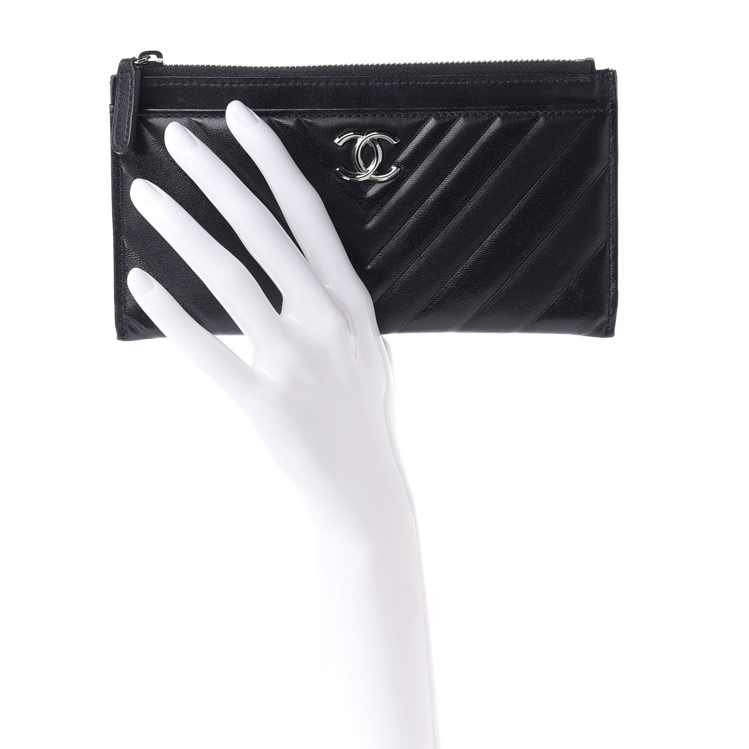 Chanel Lambskin Chevron Quilted Classic Zip Pouch Black 2 of 7