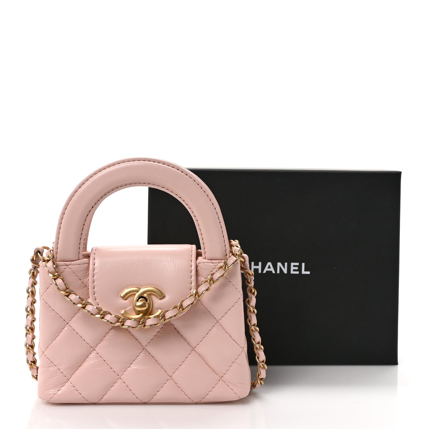 Shiny Aged Calfskin Quilted Mini Nano Kelly Shopper Light Pink
