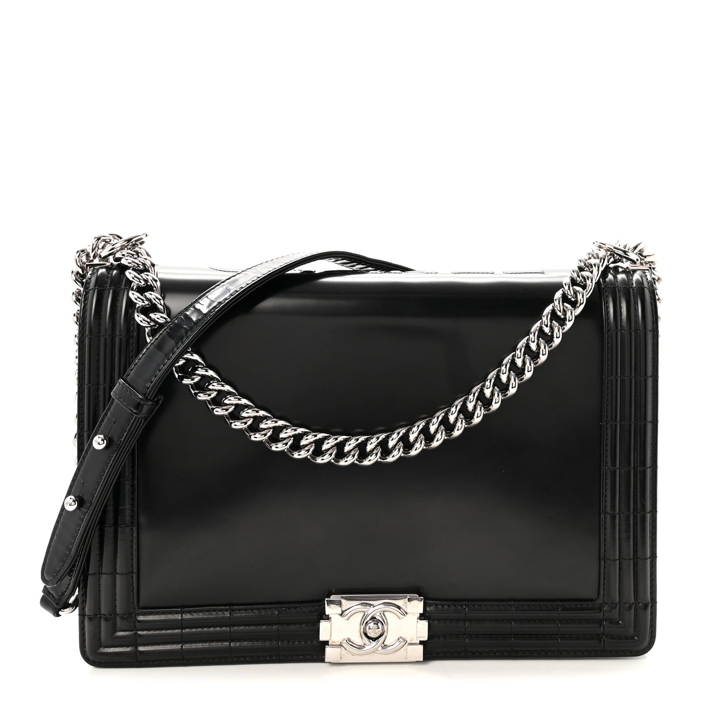 Glazed Calfskin Large Boy Flap Black