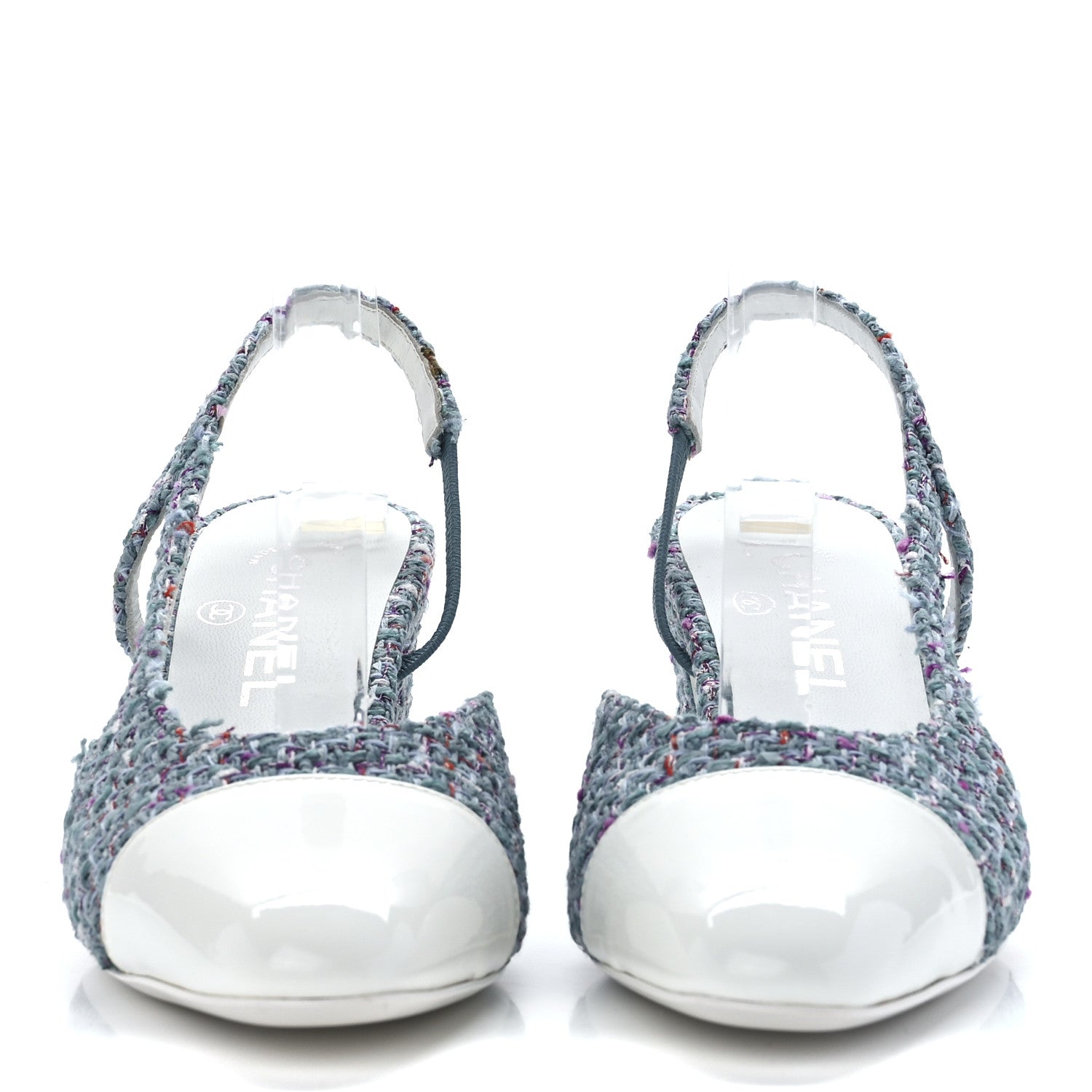 Chanel Tweed Patent Cap Toe CC Slingback Pumps 37.5 Turquoise Purple White 2 of 8