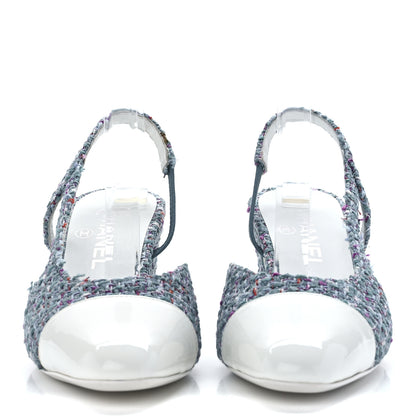 Chanel Tweed Patent Cap Toe CC Slingback Pumps 37.5 Turquoise Purple White 2 of 8