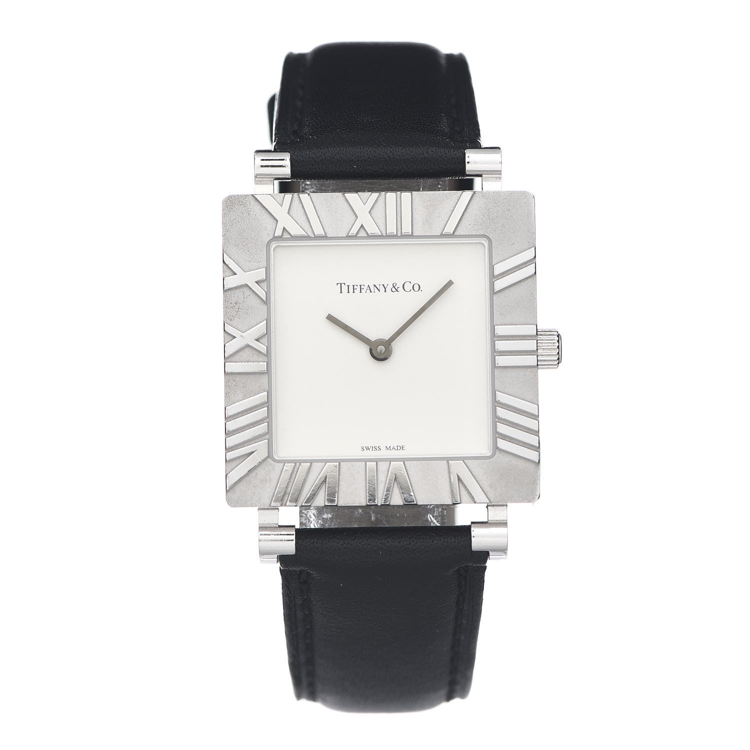 Tiffany Sterling Silver Calfskin 27mm Atlas Square Quartz Watch 1 of 5