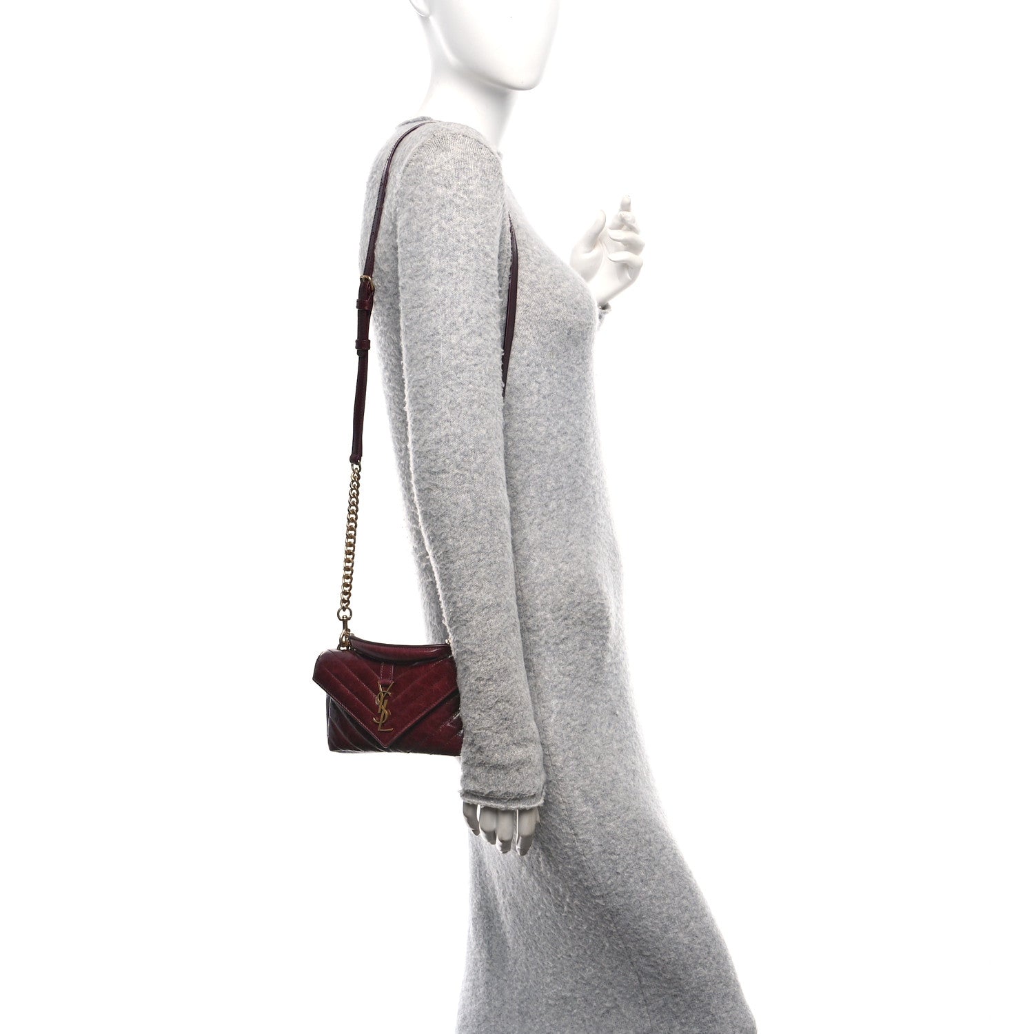 Saint Laurent Shiny Calfskin Matelasse Chevron Monogram Mini College Bag Deep Hot Wine 2 of 10