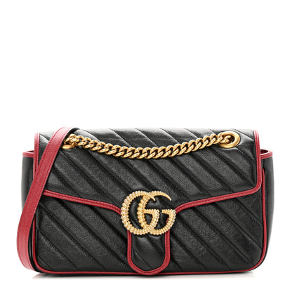 Gucci Vintage Effect Calfskin Matelasse Diagonal Small Torchon GG Marmont Shoulder Bag Black Romantic Cherry 1 of 13