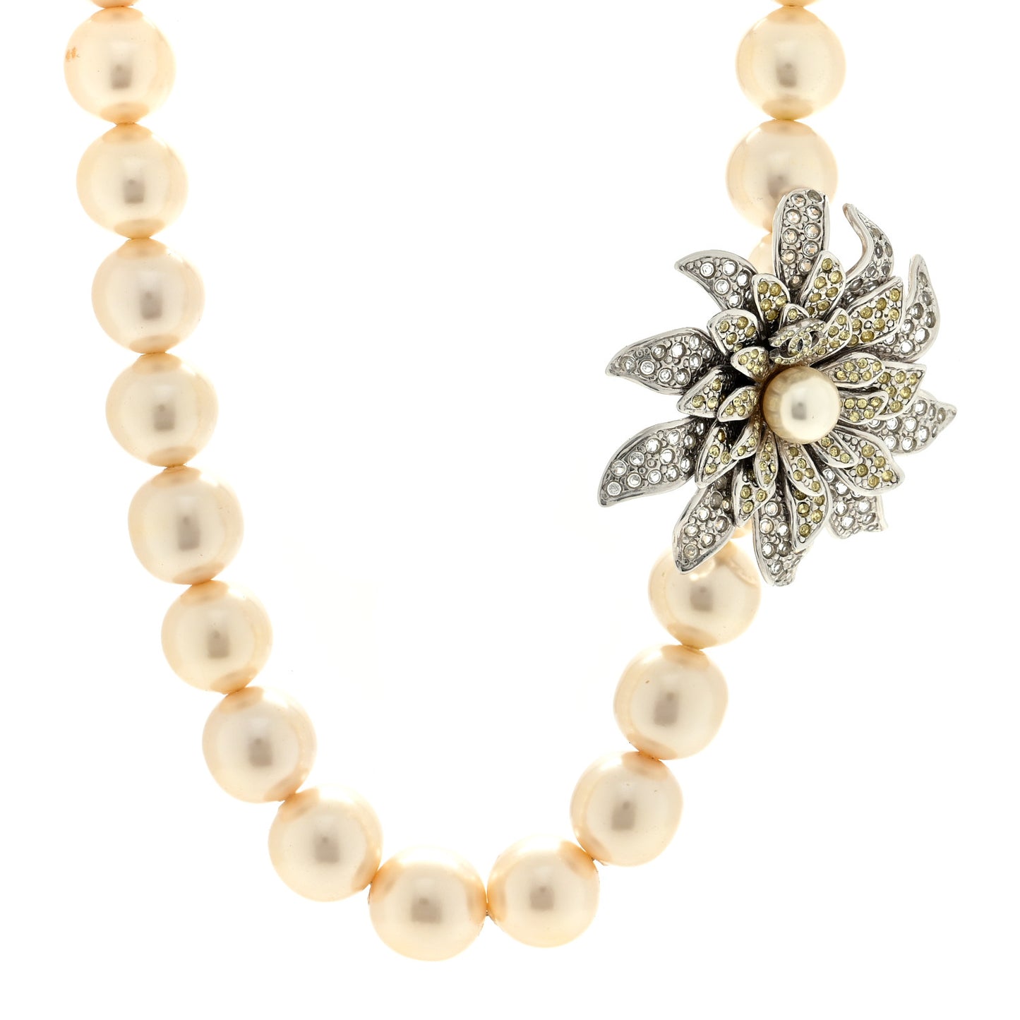 Crystal Pearl Flower CC Necklace Silver