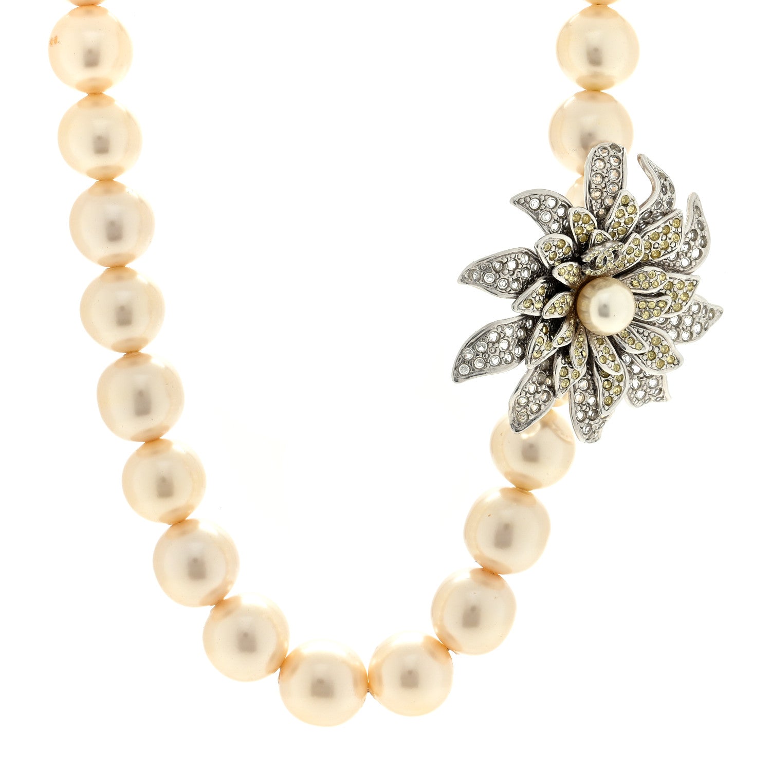 Chanel Crystal Pearl Flower CC Necklace Silver 1 of 5
