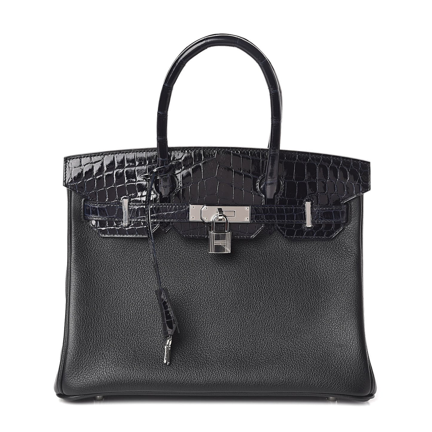 Clemence Novillo Shiny Niloticus Crocodile Birkin Touch 30 Black Bleu Marine