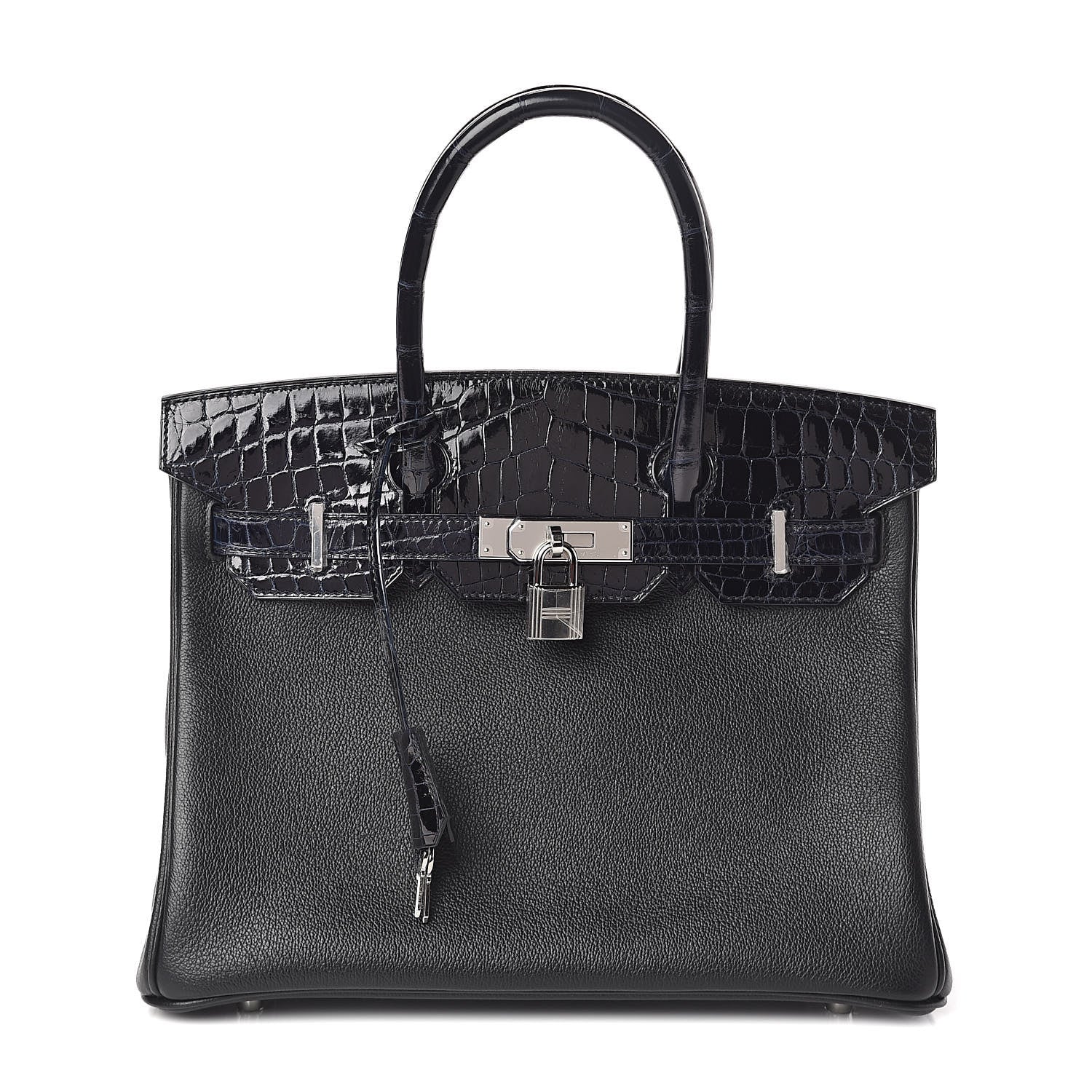 Hermes Clemence Novillo Shiny Niloticus Crocodile Birkin Touch 30 Black Bleu Marine 1 of 32