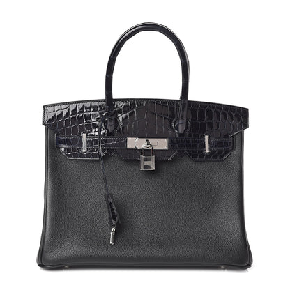 Hermes Clemence Novillo Shiny Niloticus Crocodile Birkin Touch 30 Black Bleu Marine 1 of 32