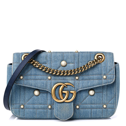 Gucci Denim Matelasse Pearl Studded Small GG Marmont Shoulder Bag Blue 1 of 16