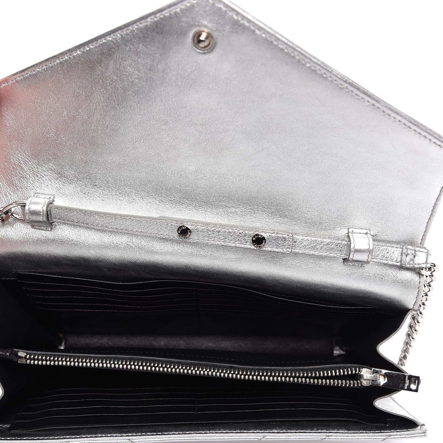 Saint Laurent Metallic Grain De Poudre Matelasse Chevron Monogram Chain Wallet Silver 5 of 11