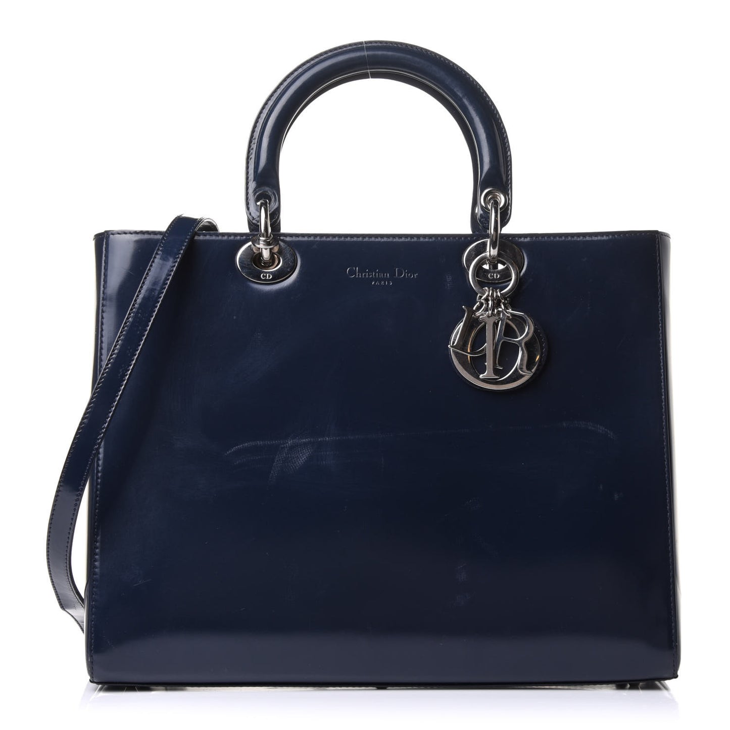 Glazed Calfskin Large Lady Dior Dark Blue