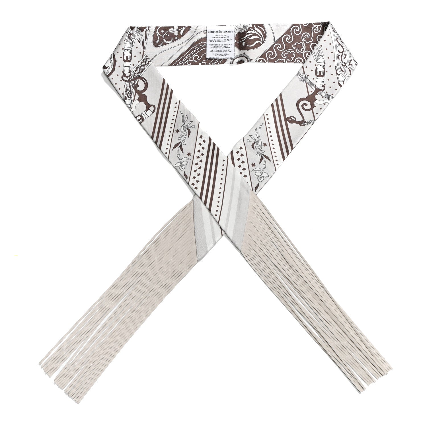 Hermes Silk Festival Des Amazones Bandana Fringed Twilly Craie Brun 1 of 4