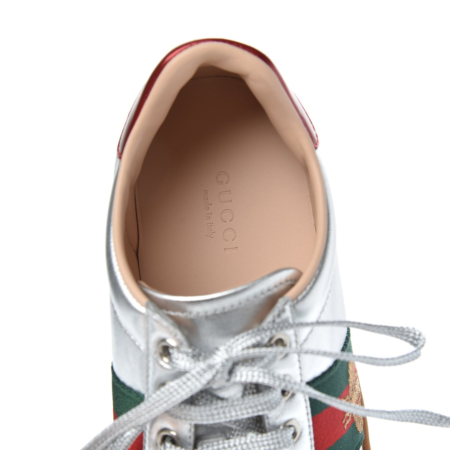 Metallic Nappa Web Bee Embroidered Womens Ace Platform Sneakers 36 Argento Red Flame