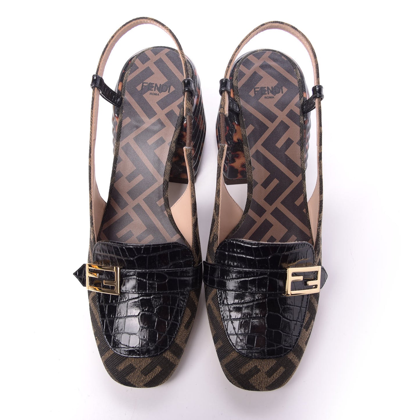 Jacquard Calfskin FF Tortoise Promenade Slingback Loafer Pumps 37.5 Tobacco