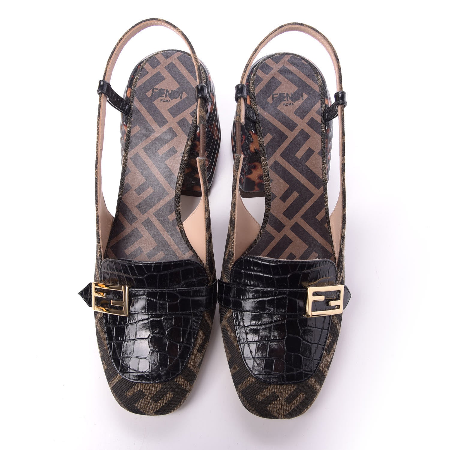 Fendi Jacquard Calfskin FF Tortoise Promenade Slingback Loafer Pumps 37.5 Tobacco 5 of 9