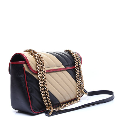 Gucci Vintage Effect Calfskin Matelasse Diagonal Striped Small Torchon GG Marmont Shoulder Bag Black Beige 3 of 12