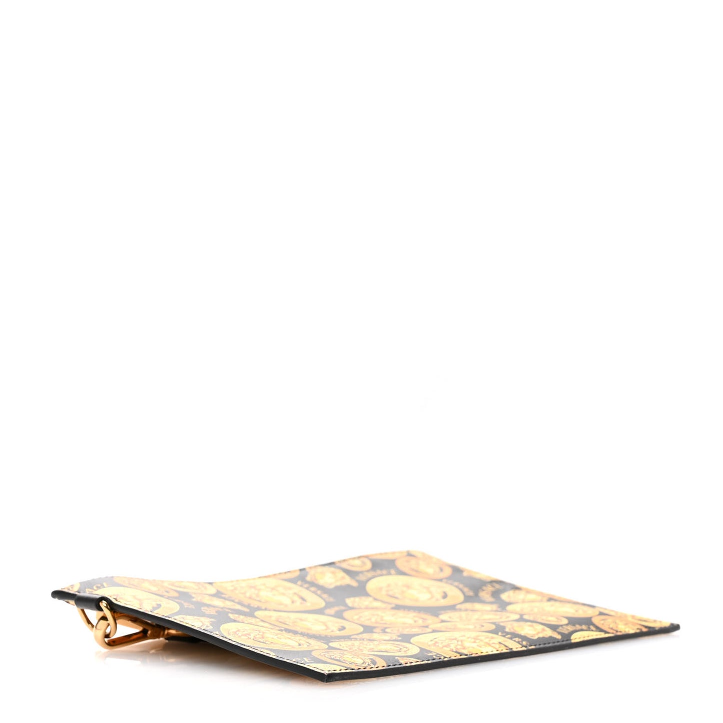 Calfskin La Medusa Print Wristlet Pouch Black Gold